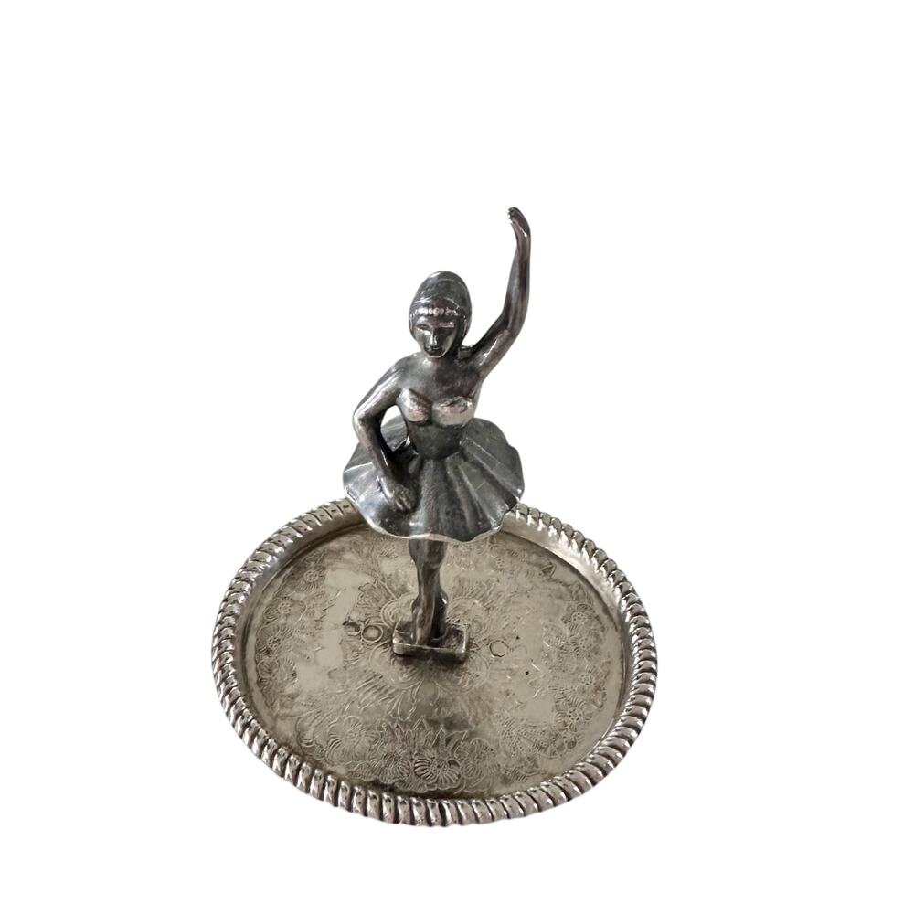 Vintage Ballerina ring dish holder decor organizer display vanity silver metal